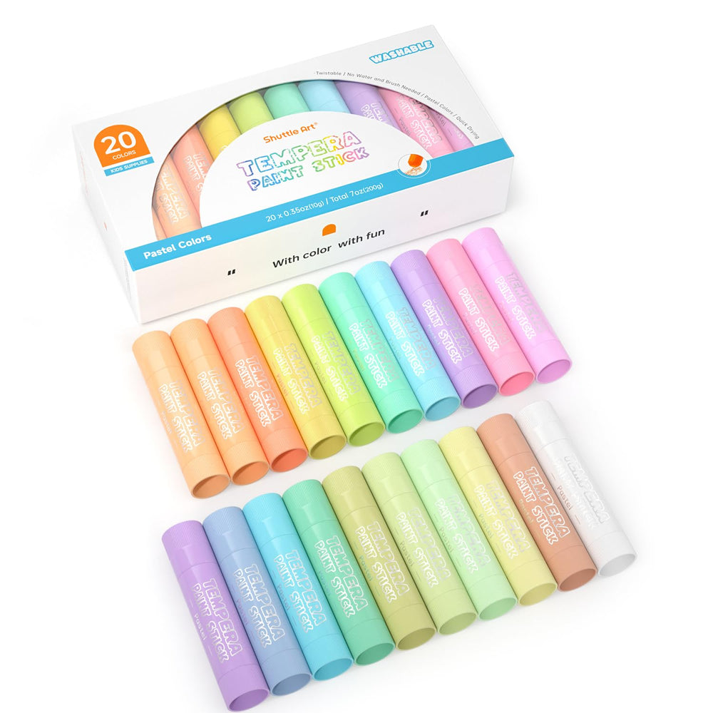 Shuttle Art tempera paint sticks swatch with 20 pastel colors for vibrant kid-friendly projects