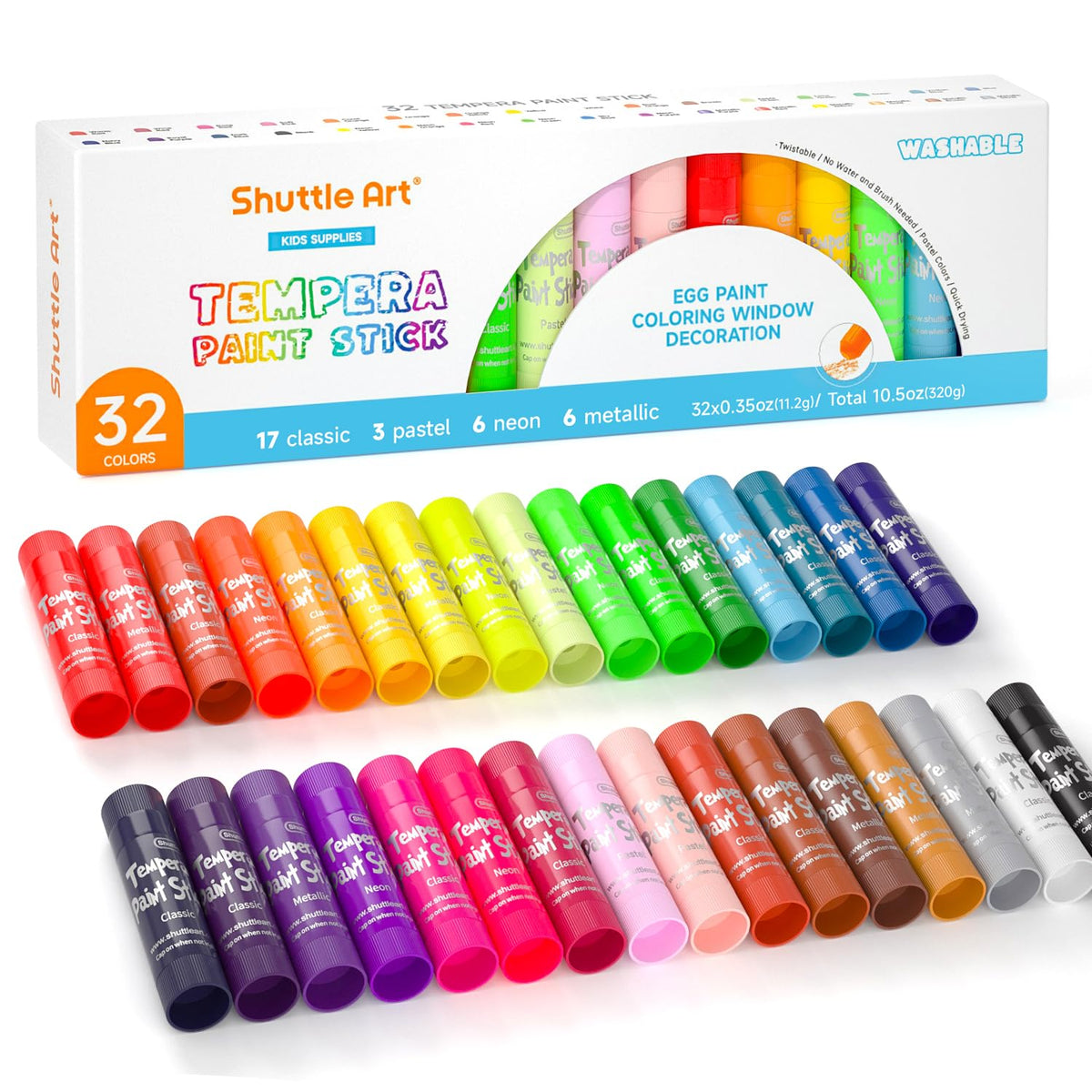 Shuttle Art tempera paint sticks 32-color pack-front for vibrant art exploration