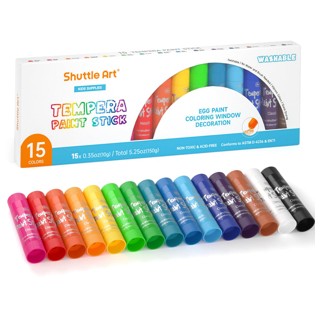 Shuttle Art Tempera Paint Sticks collection of 15 colors for vibrant kid artwork