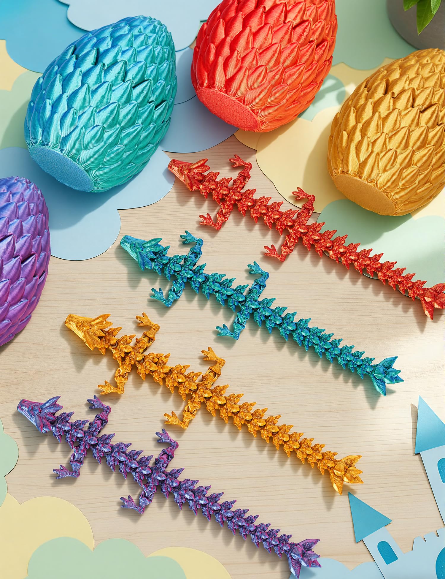 SHUWND poseable dragons inside egg showcase flexible display for imaginative play.