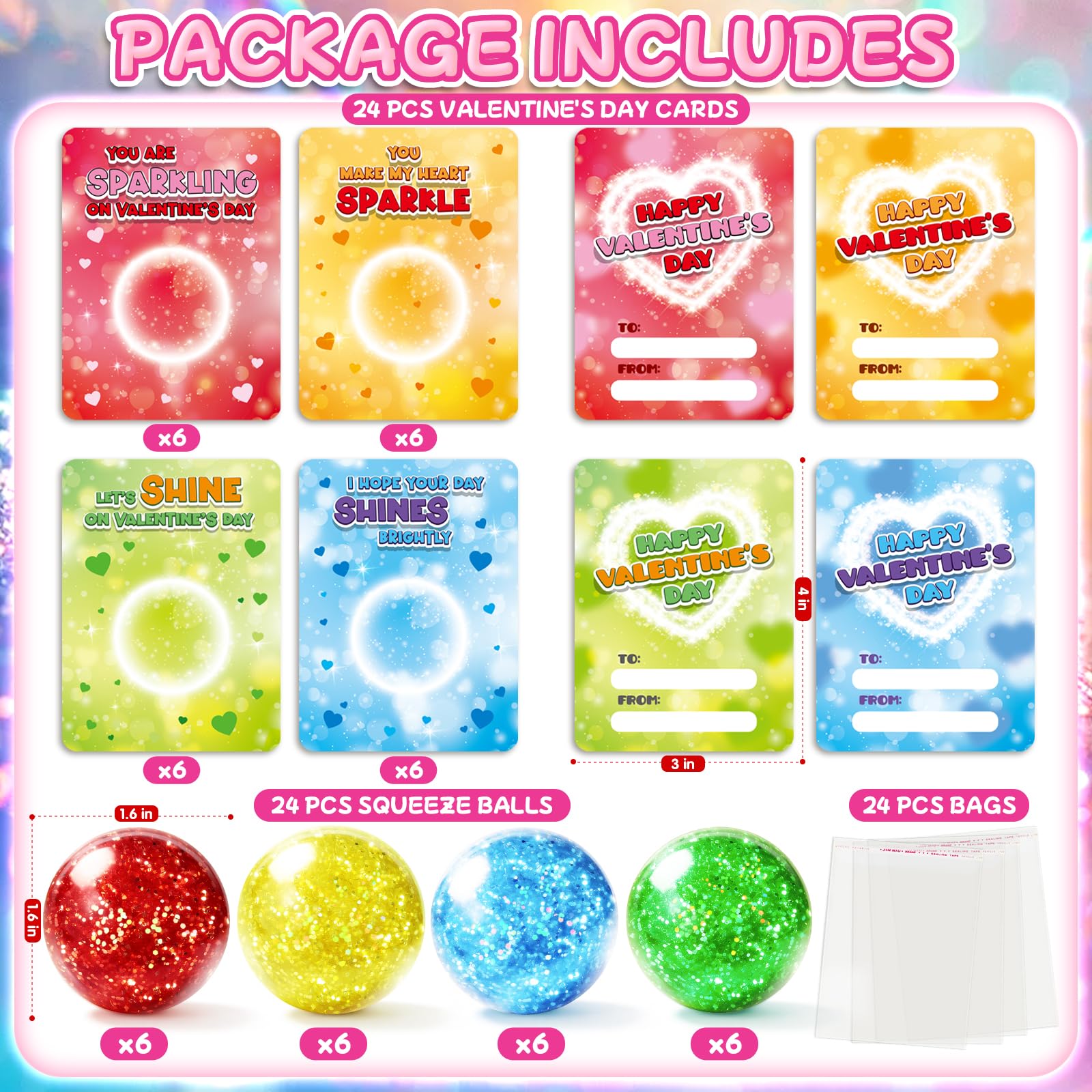 Bright valentines cards and glitter squeeze balls from ShyLizard for kids