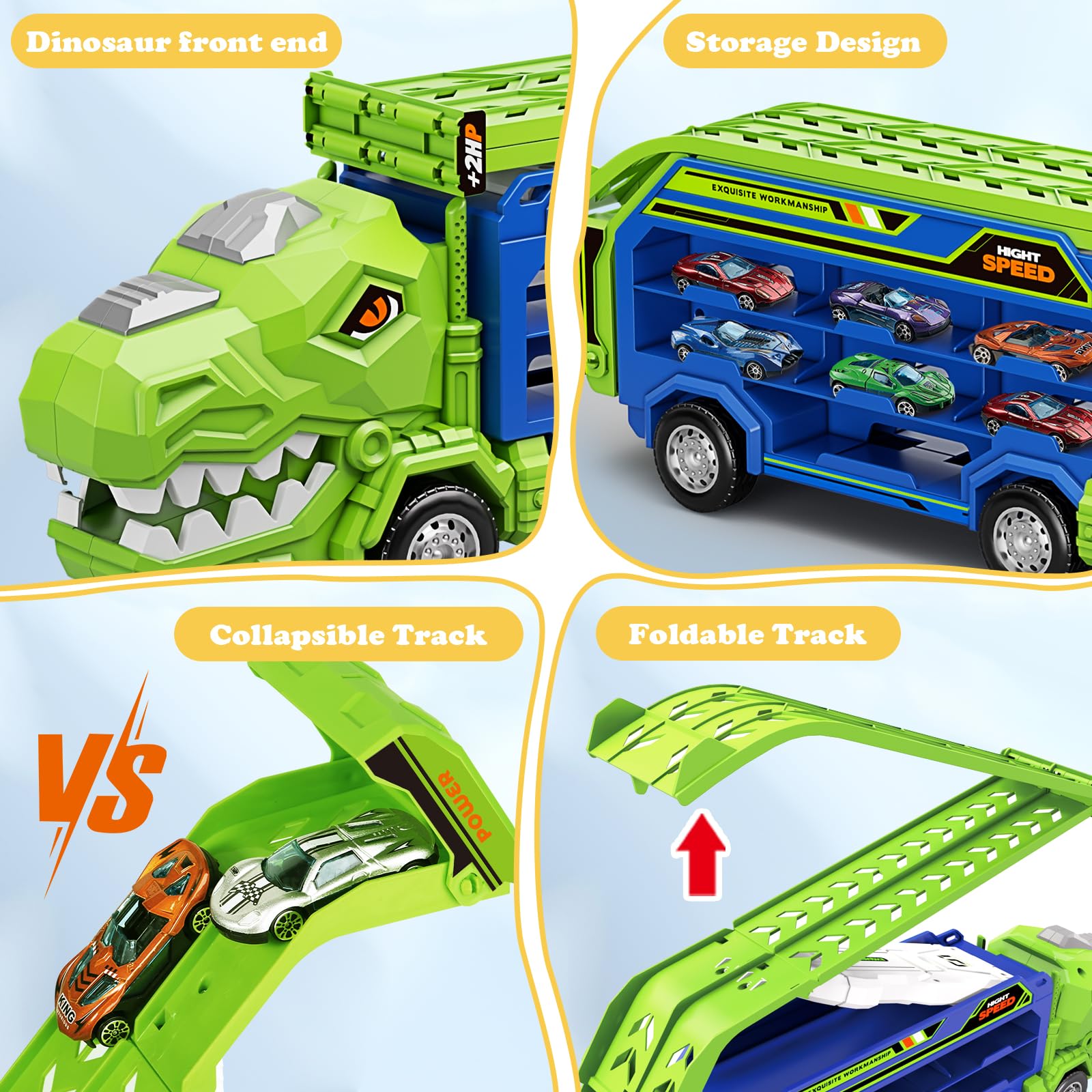 ShyLizard Dinosaur Carrier Truck storage compartments keep cars organized