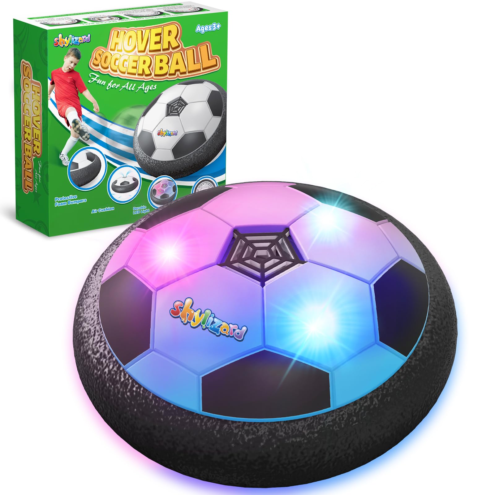 ShyLizard hover ball with LED lights glides smoothly on indoor floors for quiet play.