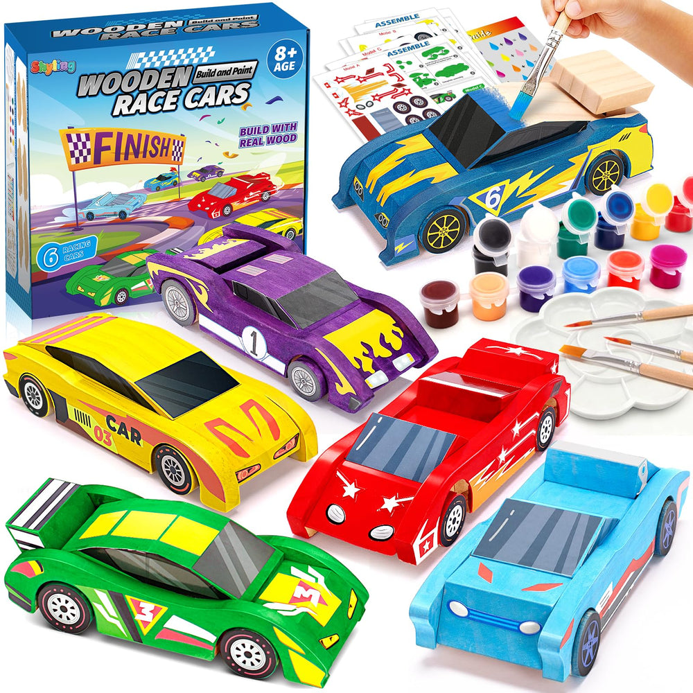 Shyling arts and crafts kit featuring wooden race cars for creative, hands-on play.