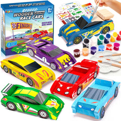 Shyling arts and crafts kit featuring wooden race cars for creative, hands-on play.