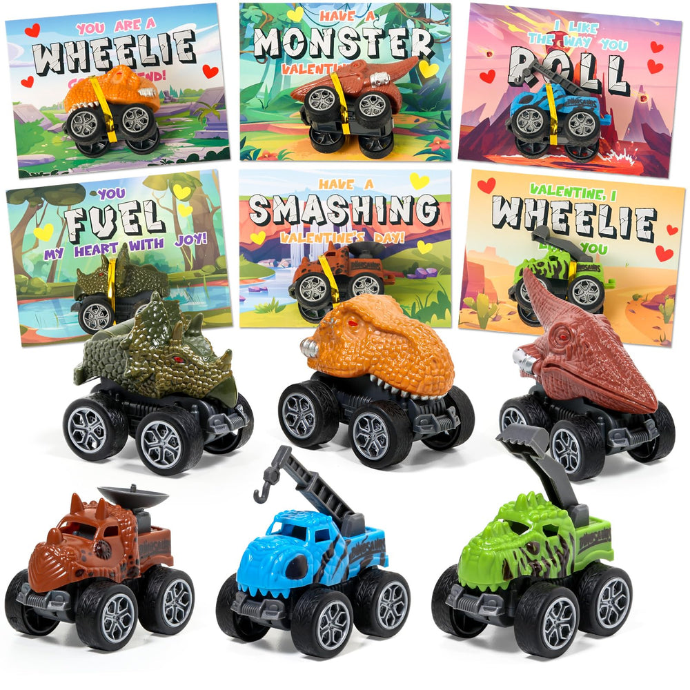 Shyling Valentine card set with dino-truck designs for classroom gift exchanges