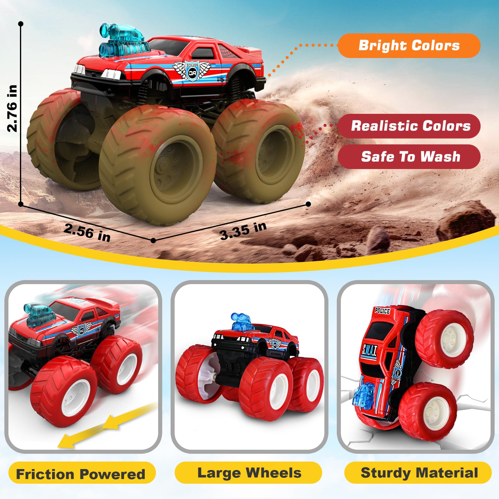 ShyLizard monster trucks durable ABS construction for lasting kids' play.