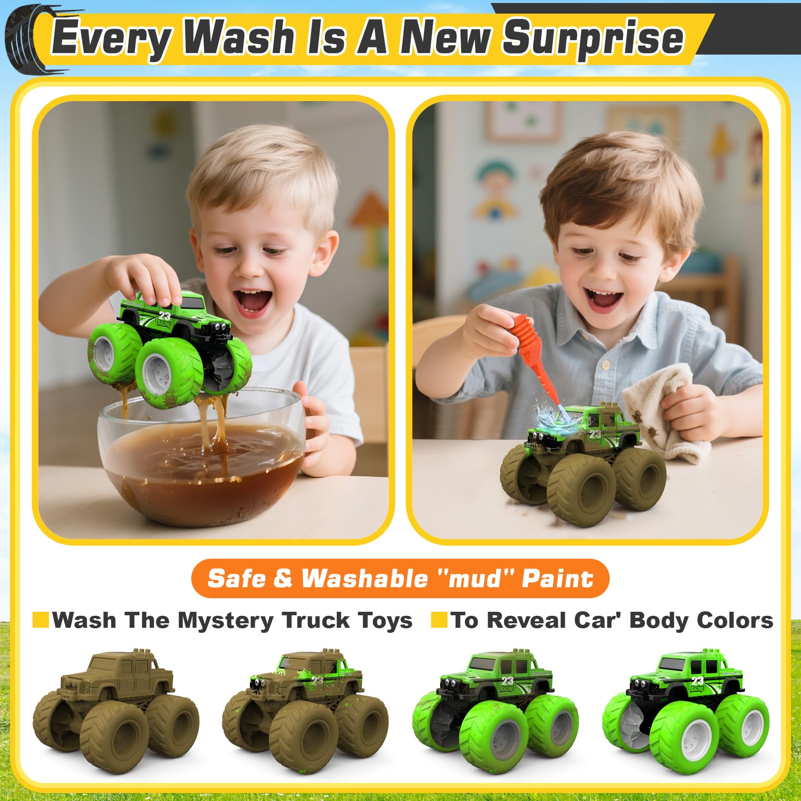 ShyLizard monster trucks after wash reveal vibrant colors and designs.