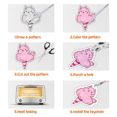 Shynek heat shrinking process turns sheets into tiny charms.