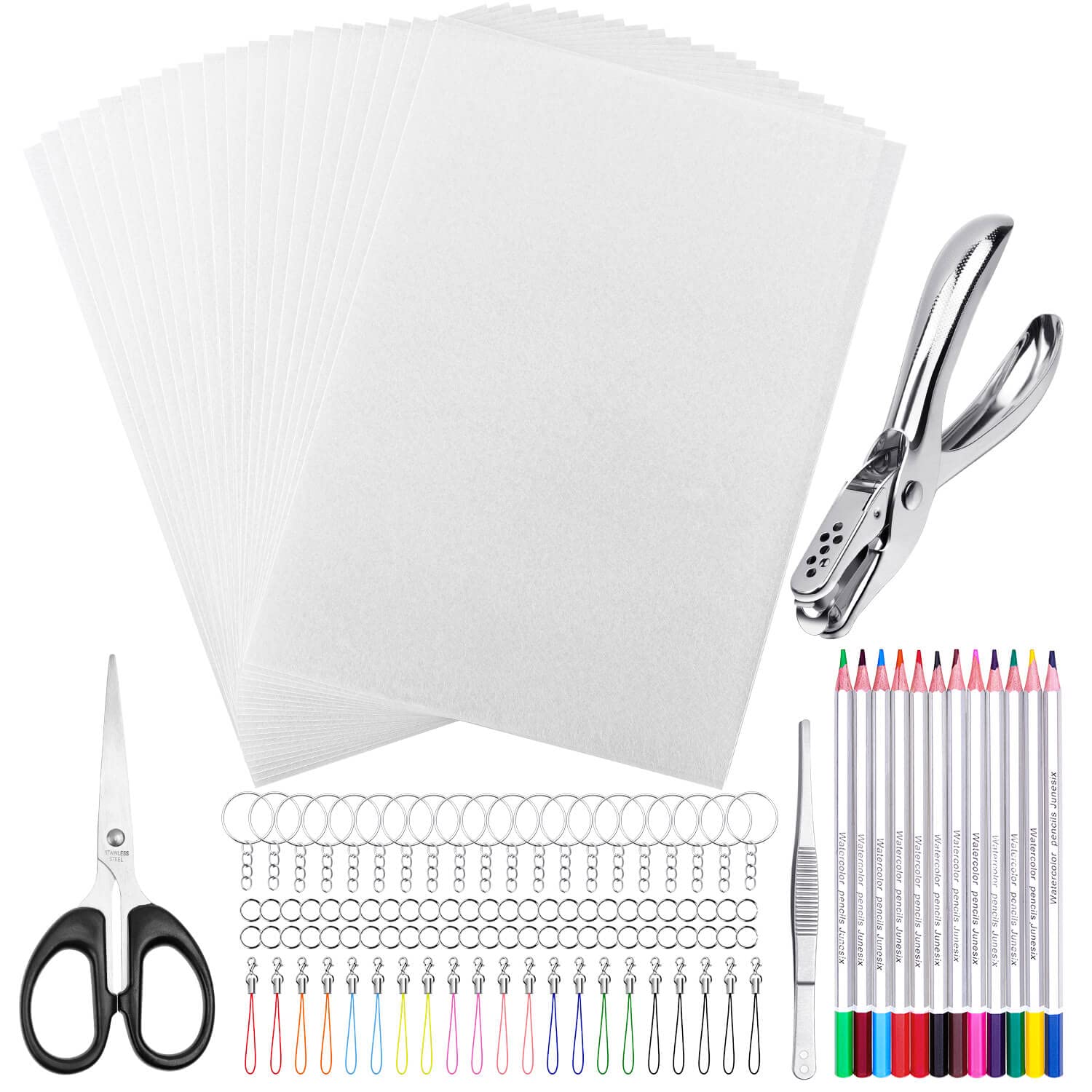 Shynek Shrinky Plastic Sheets ready for coloring on a blank surface.