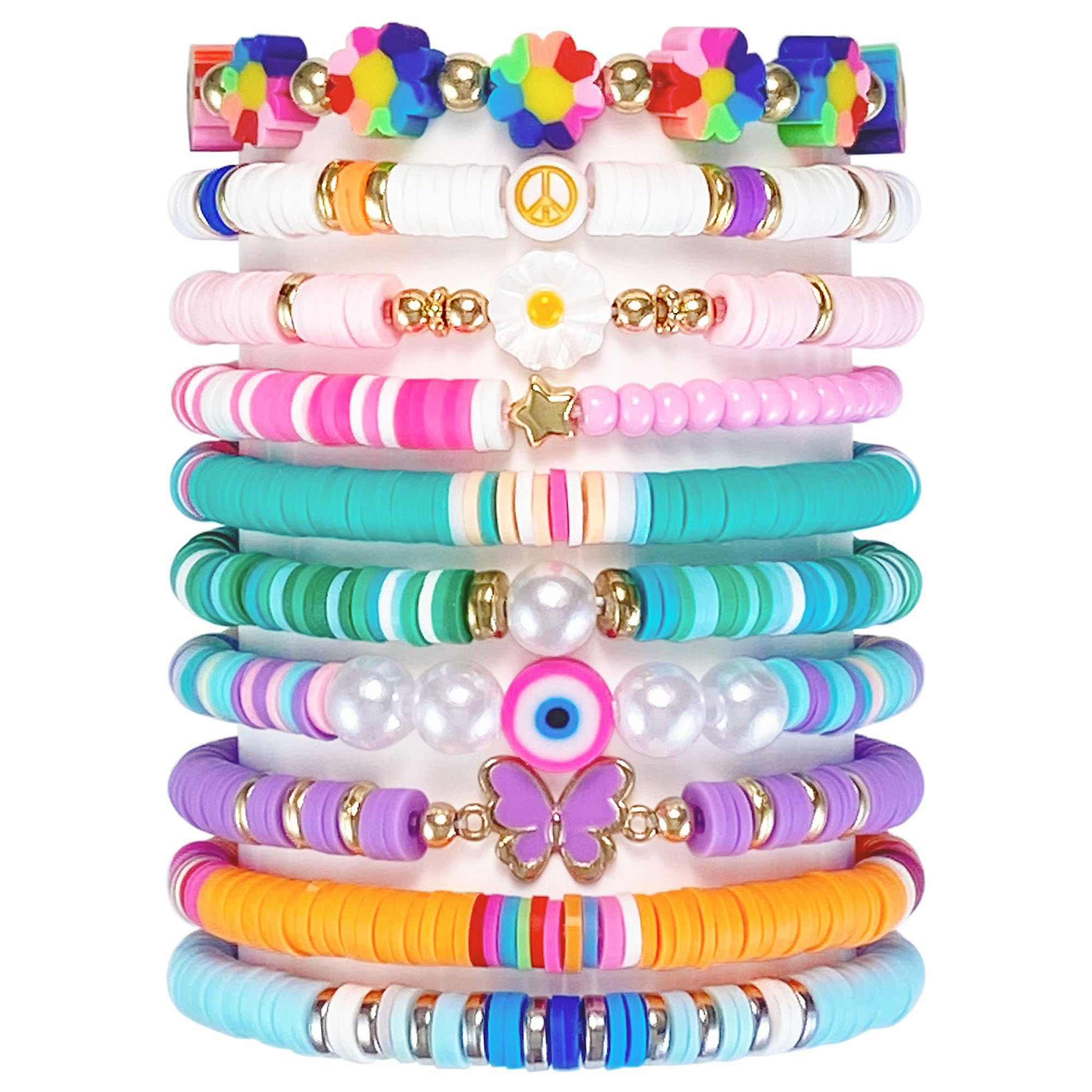 SIELEVIN 10-piece colorful clay bead bracelets for girls, ideal for playful summer outfits