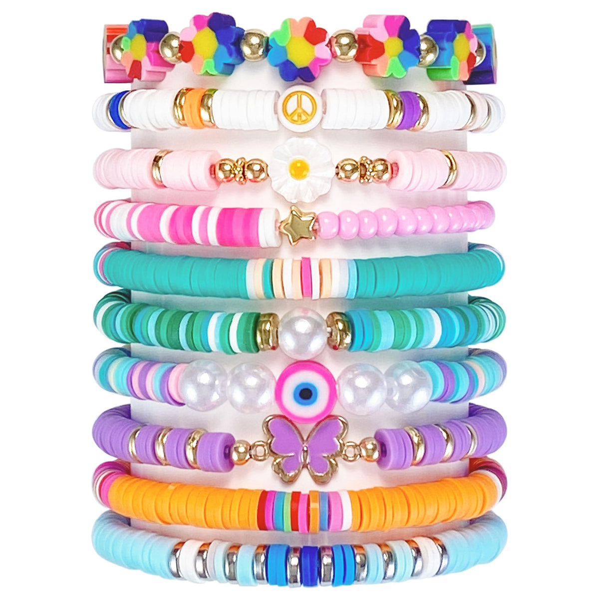SIELEVIN 10-piece colorful clay bead bracelets for girls, ideal for playful summer outfits