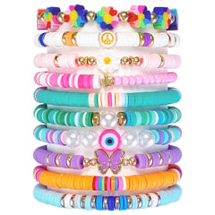 SIELEVIN 10-piece colorful clay bead bracelets for girls, ideal for playful summer outfits