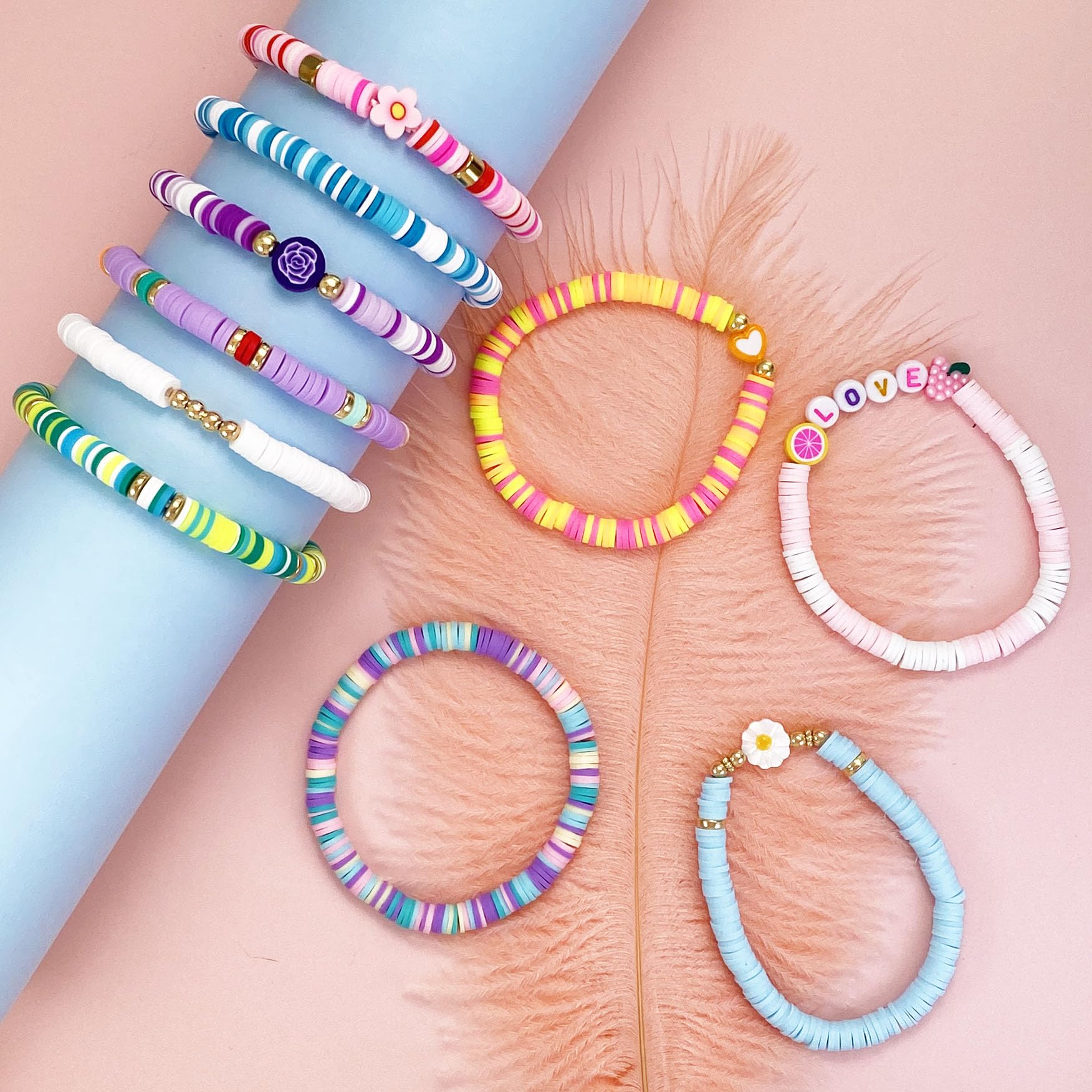 SIELEVIN handmade clay bead bracelets with safe, durable elastic