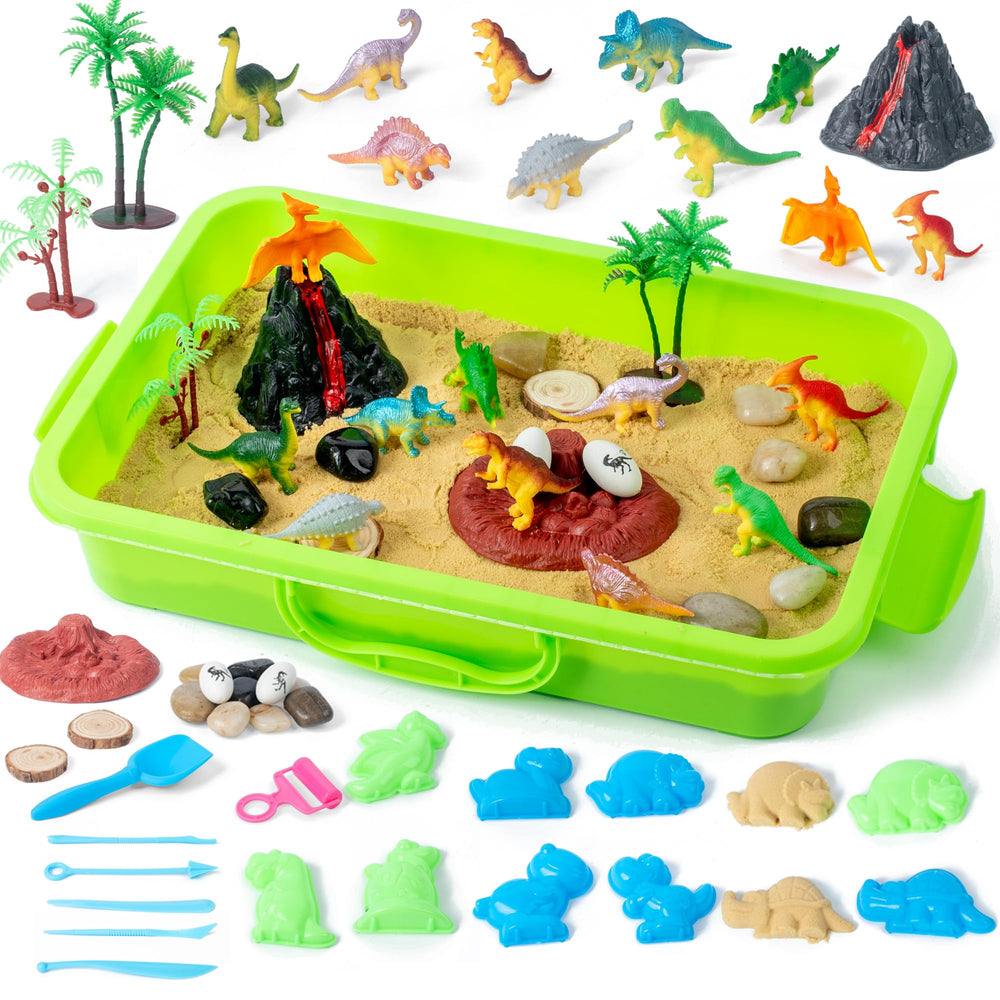 Sikmcle Dinosaur Sensory Bin setup with sand and dinosaurs for creative play