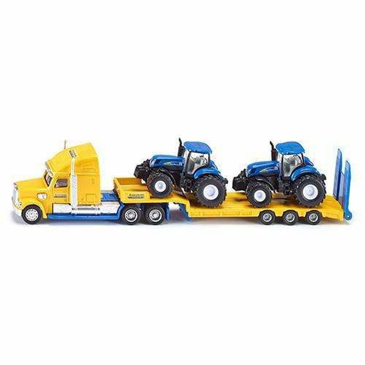 Siku 1805 lorry with New Holland tractors side view for display and play.