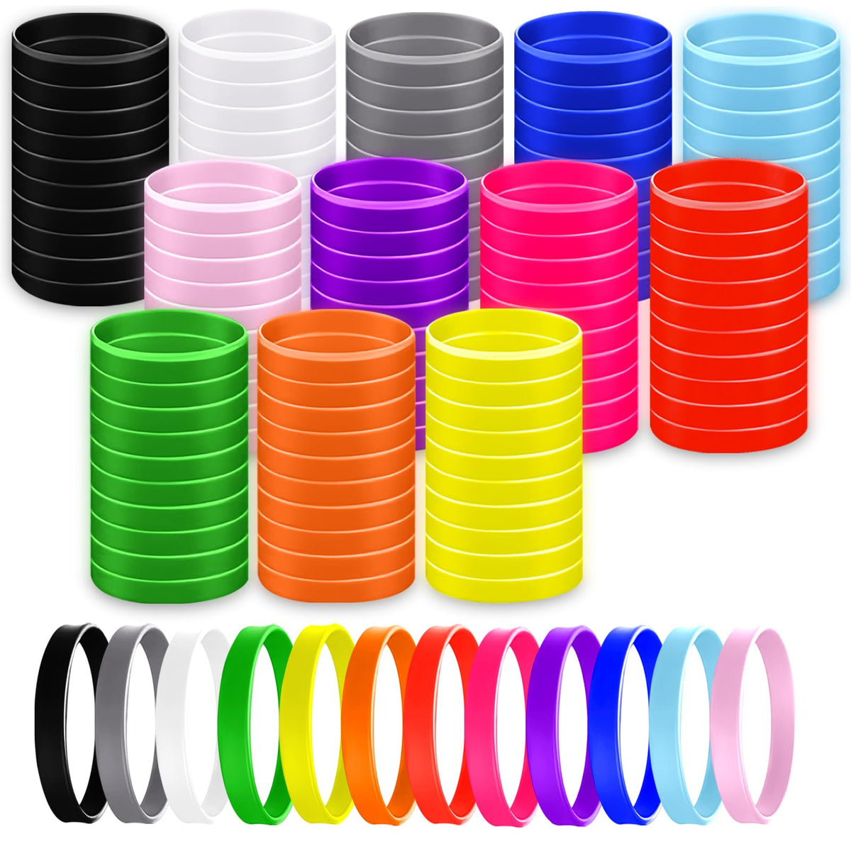 Colorful silicone wristbands 120-piece pack for daily wear.