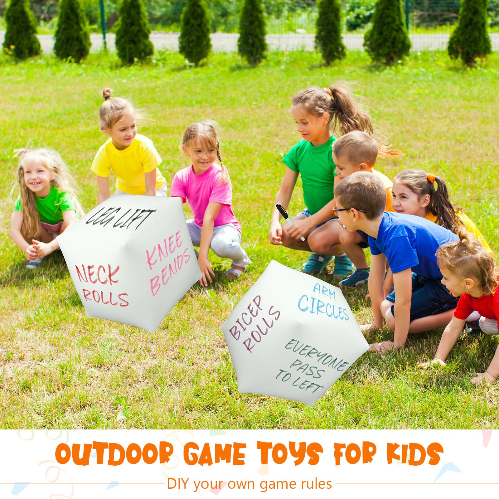 Durable PVC material highlights sturdy inflatable dice.