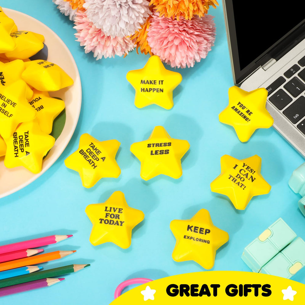 Silipull star stress ball close-up showing quotes for quick tension relief.