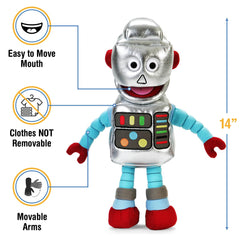 Silly Puppets robot hand puppet bottom entry design enables easy hand placement for kids