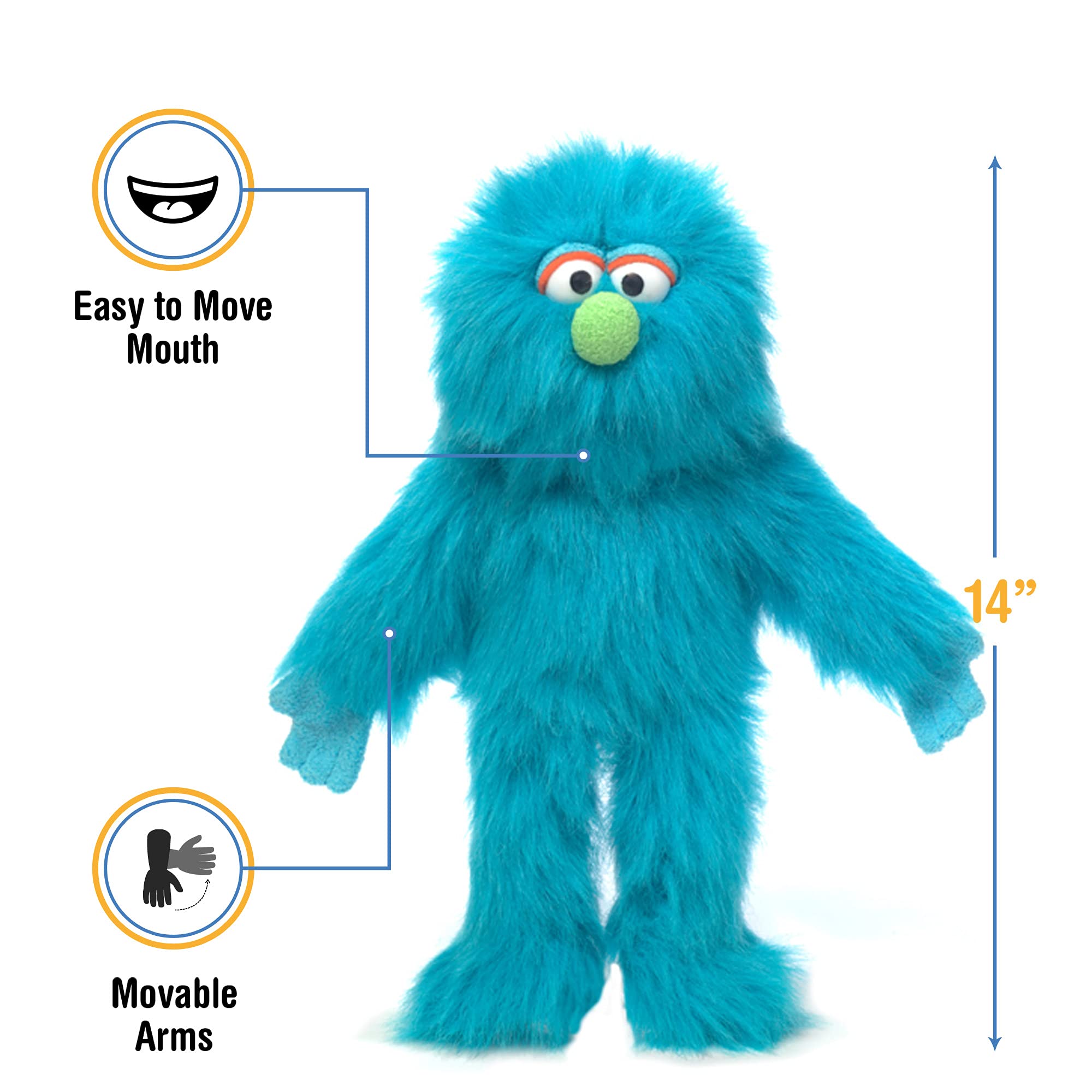Silly Puppets Blue Monster Hand Puppet, close-up of moving arms for expressiveness.