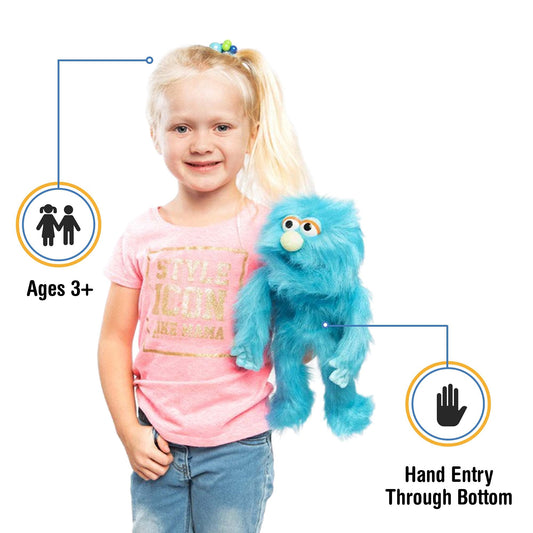 Silly Puppets Blue Monster Hand Puppet, side view highlights movable mouth.