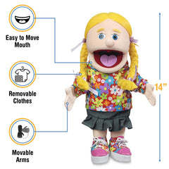Close view of Cindy Peach Girl hand puppet in a friendly pose for imaginative play