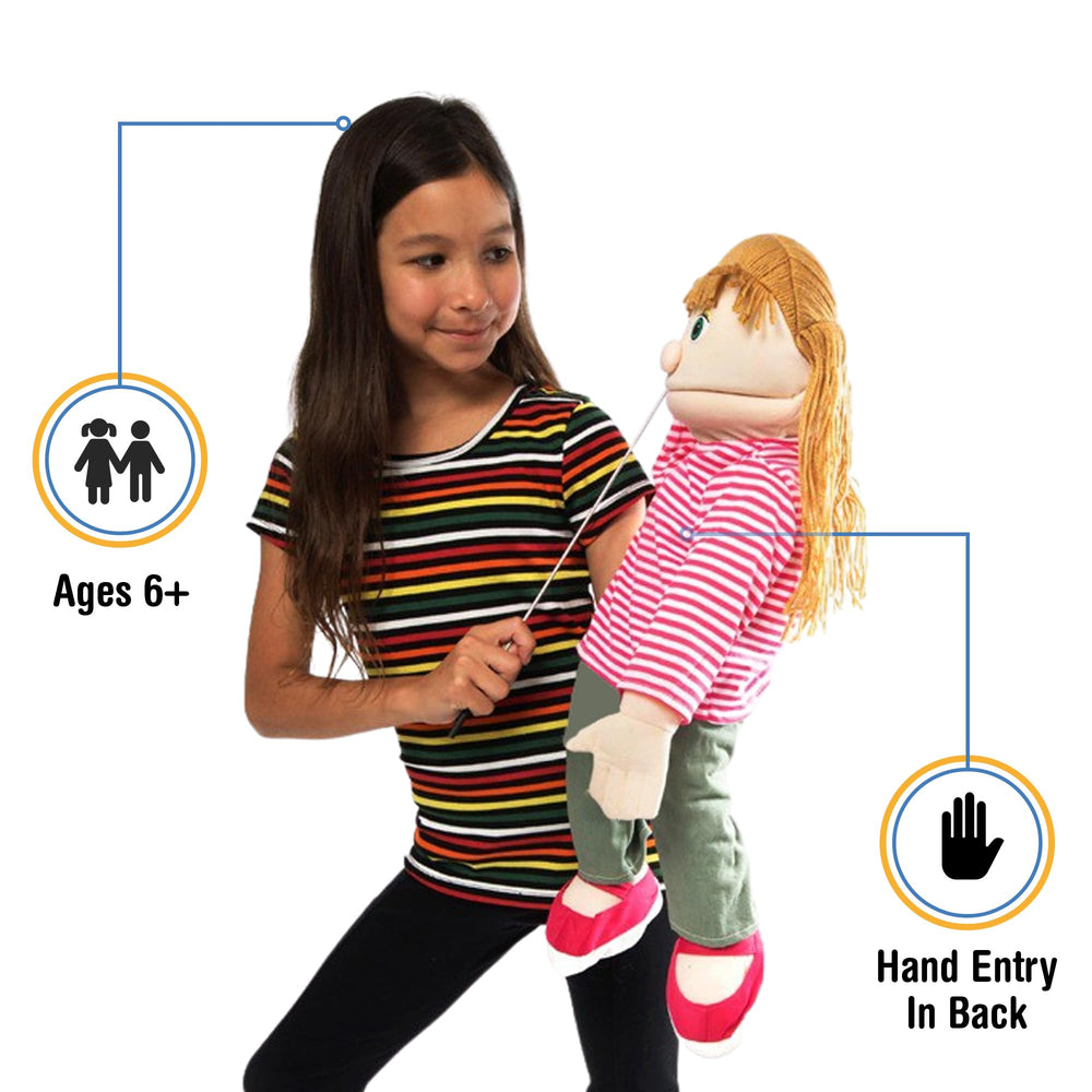 Silly Puppets Emily Peach Girl ventriloquist doll wearing a coordinated outfit for stage acts