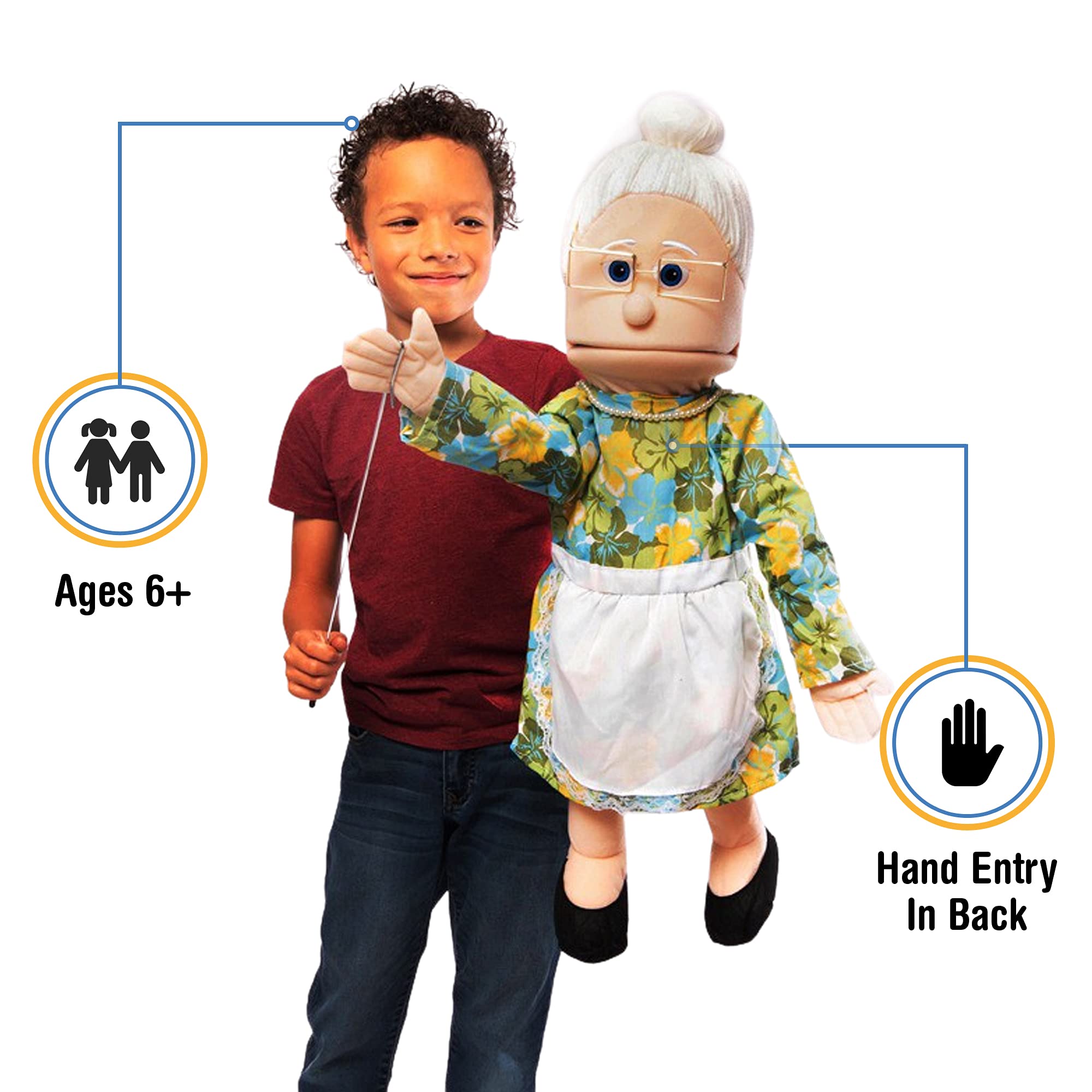 Silly Puppets Granny puppet with arm rod clip for expressive gestures