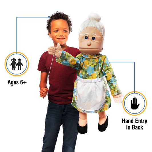 Silly Puppets Granny puppet with arm rod clip for expressive gestures