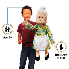 Silly Puppets Granny puppet with arm rod clip for expressive gestures