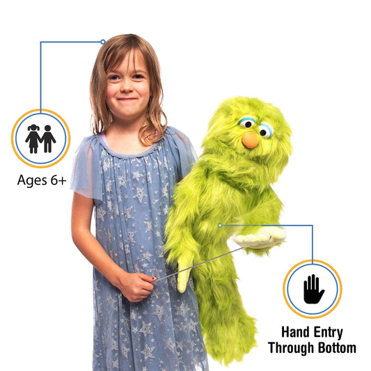 Silly Puppets green monster puppet eyes highlight playful character during school performances