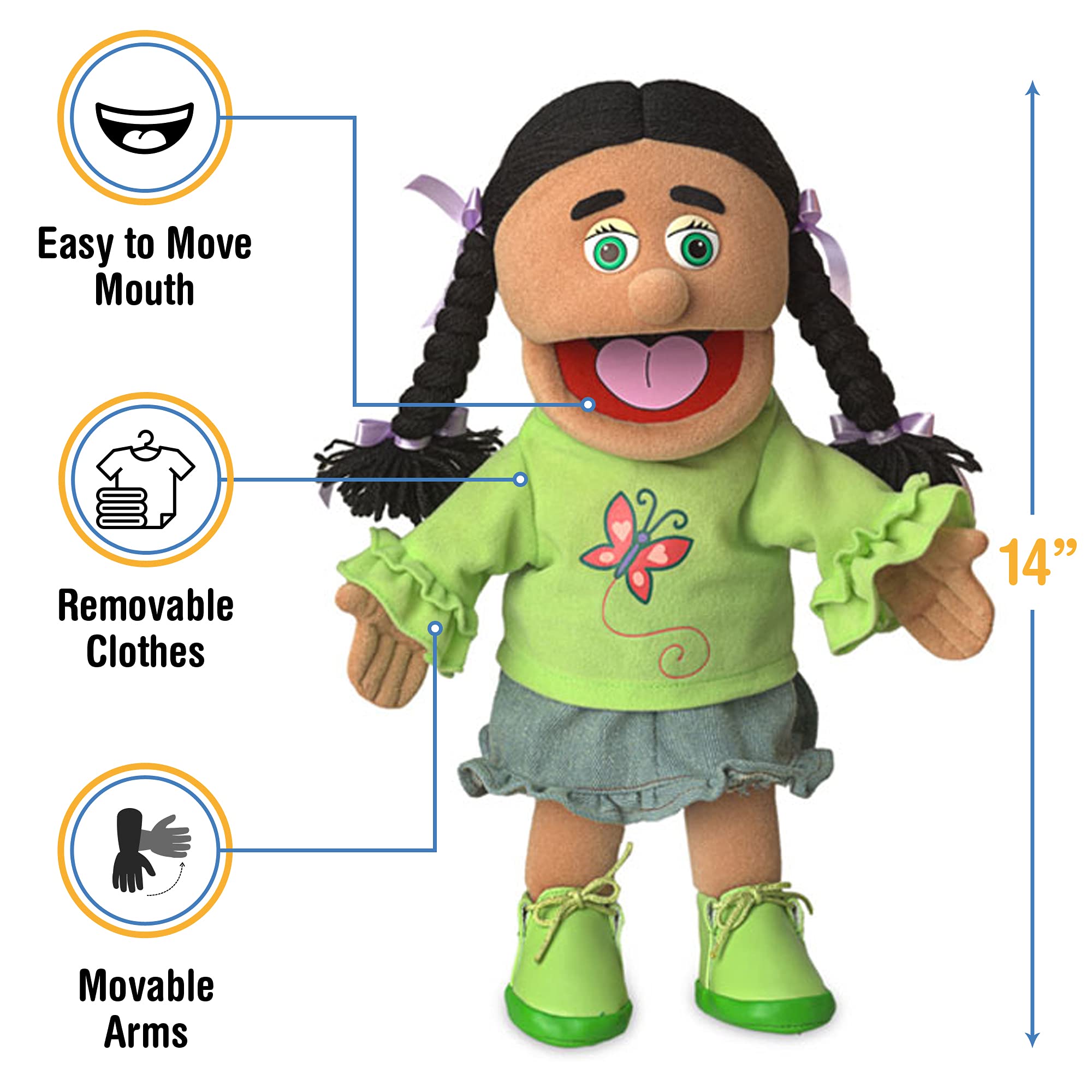 Silly Puppets Jasmine hand movement simplifies mouth and arm action for kids.