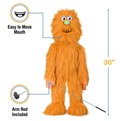 Silly Puppets orange monster puppet arm rod attached for dynamic hand movement.