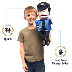 Silly Puppets peach skin policeman puppet for expressive storytelling.