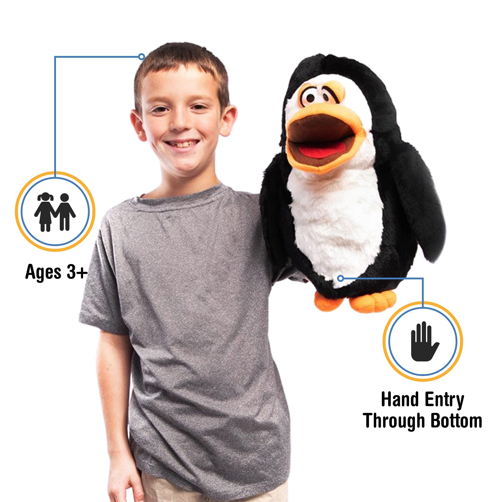 Silly Puppets penguin soft plush body, ideal for cuddly play and comfort.