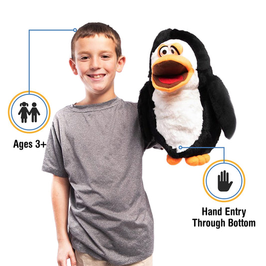 Silly Puppets penguin soft plush body, ideal for cuddly play and comfort.