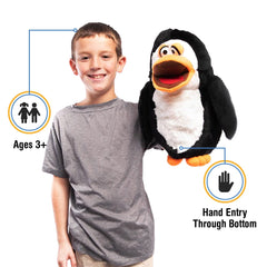 Silly Puppets penguin soft plush body, ideal for cuddly play and comfort.