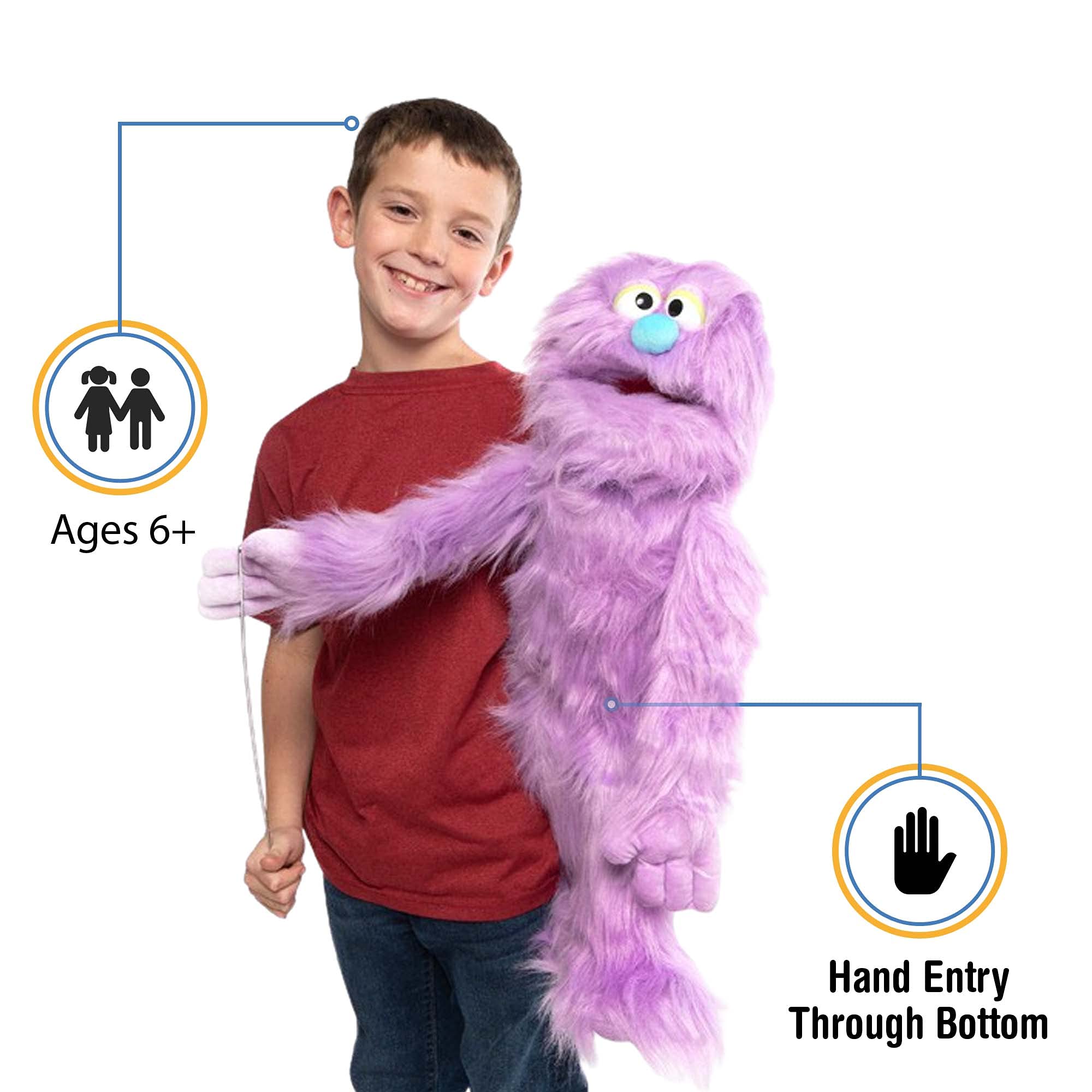 Silly Puppets purple monster face close-up for expressive character work on stage