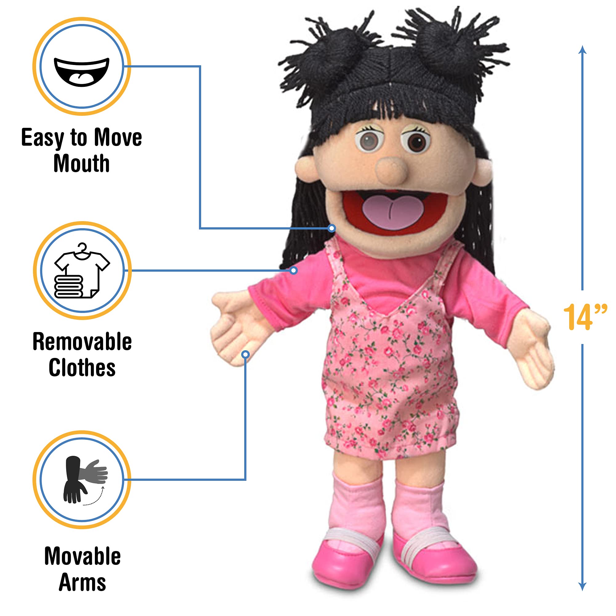 Silly Puppets Susie Peach Girl measures 14 inches tall for dynamic, engaging play.