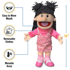 Silly Puppets Susie Peach Girl measures 14 inches tall for dynamic, engaging play.