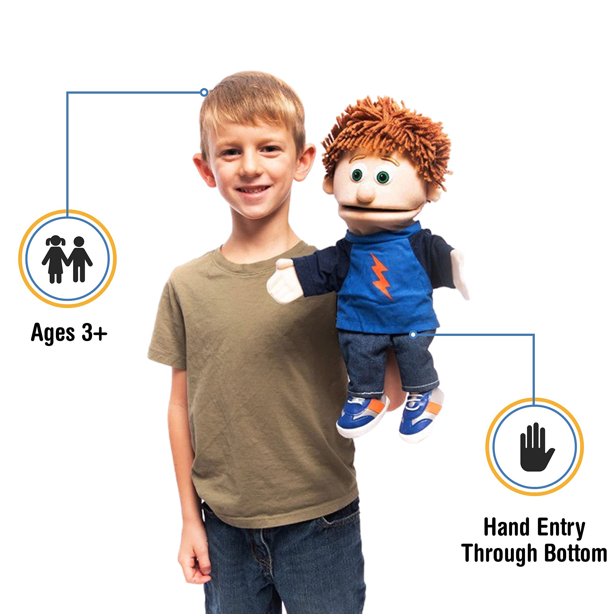 Silly Puppets Tommy Peach Boy puppet side view for easy manipulation