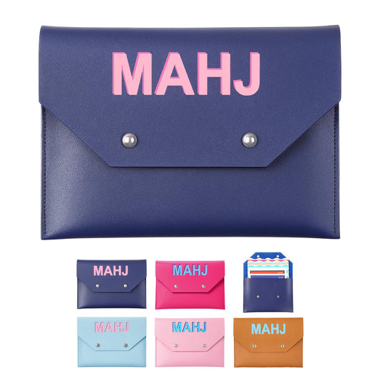 SilTriangle mahjong card holder in navy leather, compact 8x6 inches for organized game nights.