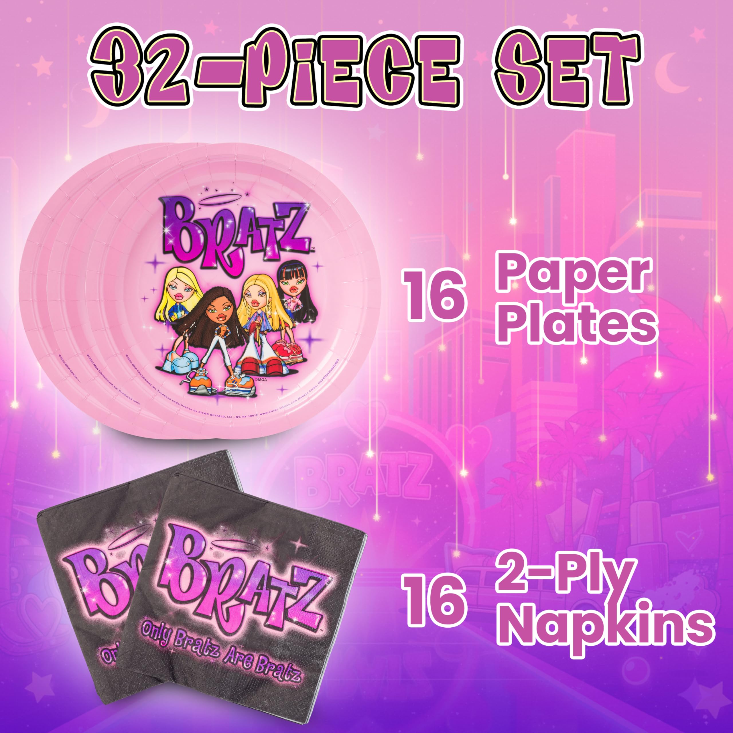 Silver Buffalo Bratz napkins with airbrushed artwork for quick cleanup.