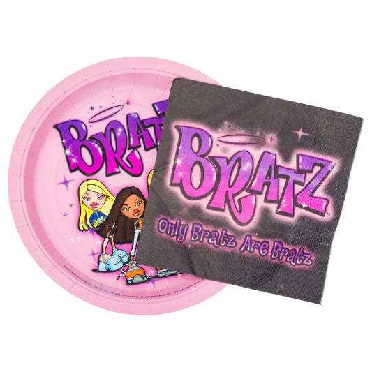 Silver Buffalo Bratz plates with airbrushed dolls for stylish party snacks.