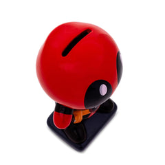 Silver Buffalo Deadpool Chibi Stance ceramic bank close-up glaze, vibrant colors.