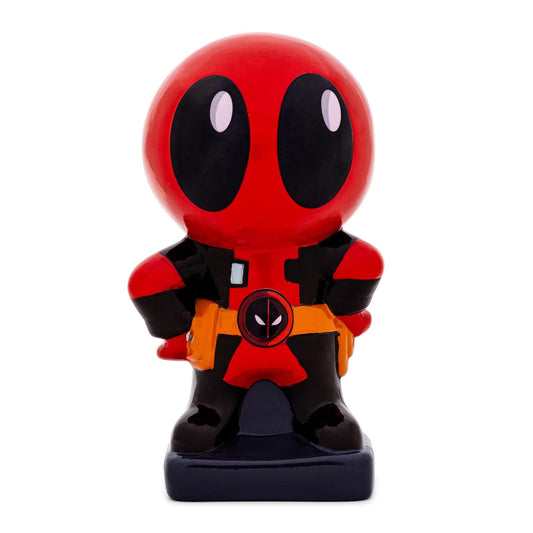 Silver Buffalo Deadpool Chibi Stance coin bank side angle highlighting compact size.