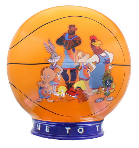 Silver Buffalo Space Jam coin bank side view, a collectible desk piece that helps organize loose change.