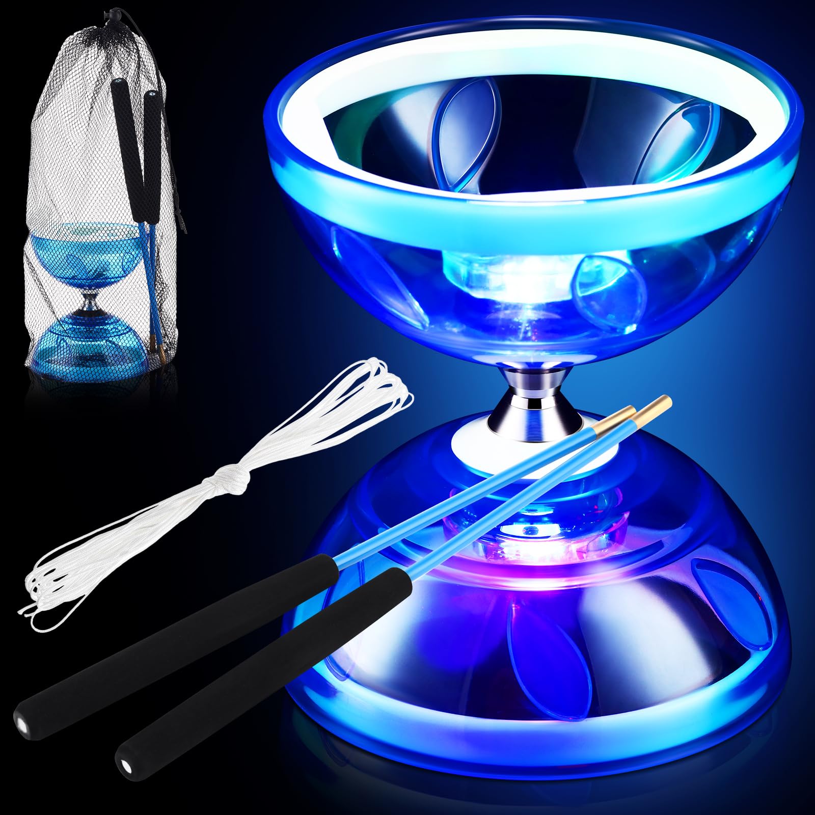 Simgoing LED Chinese yoyo diabolo blue with color-changing glow for performances.