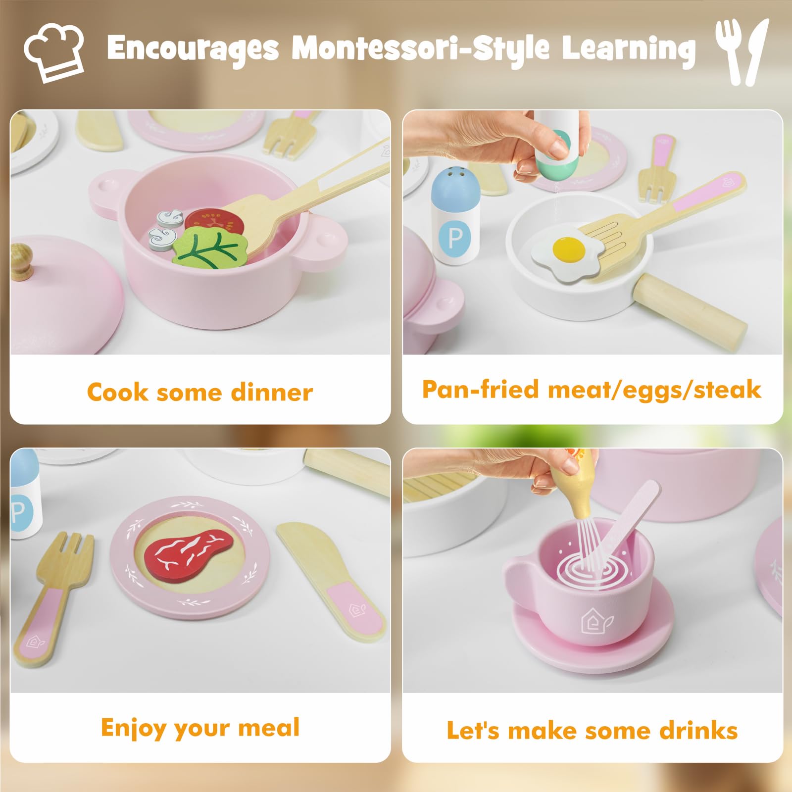 SIMPLIPLAY wooden cups and saucers provide colorful pretend tea time moments for little chefs
